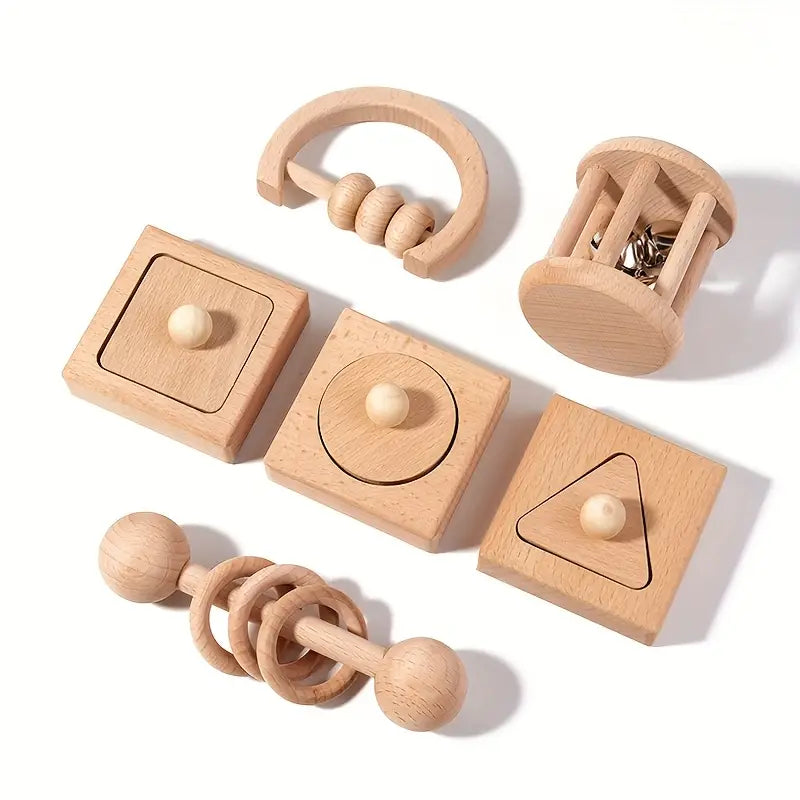 6pc Natural Wooden Musical Teething Rattles Toys