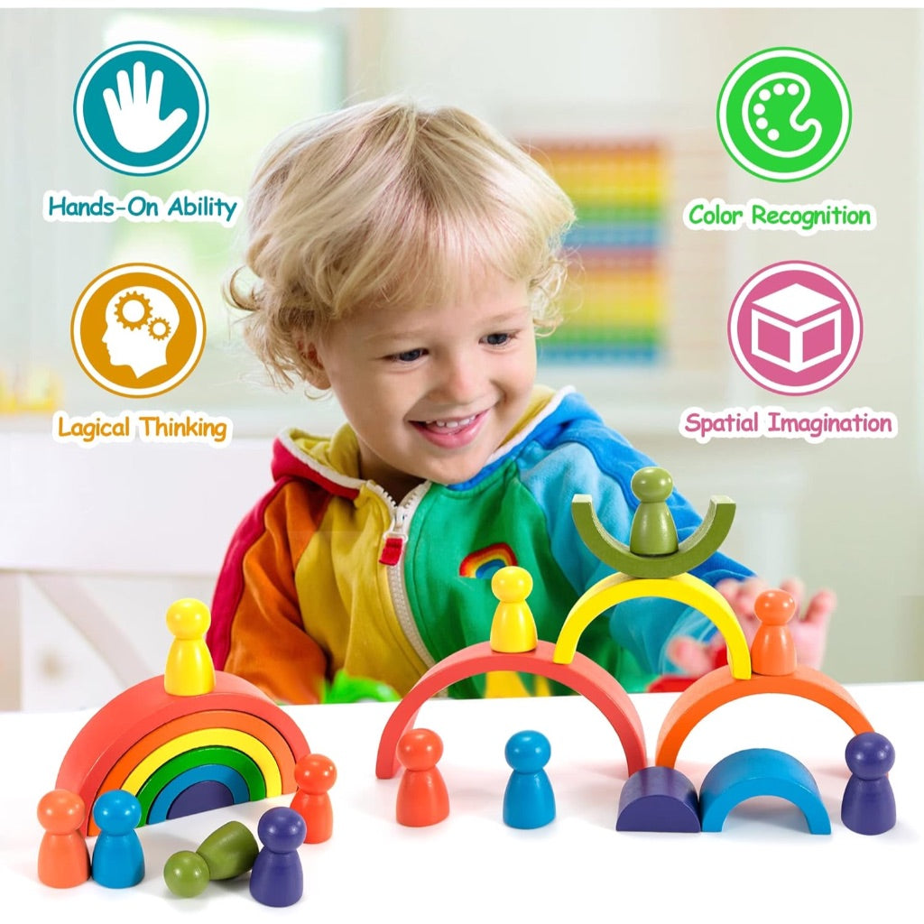 Rainbow Puzzle Building Blocks 6pc Peg Dolls Wooden Toy