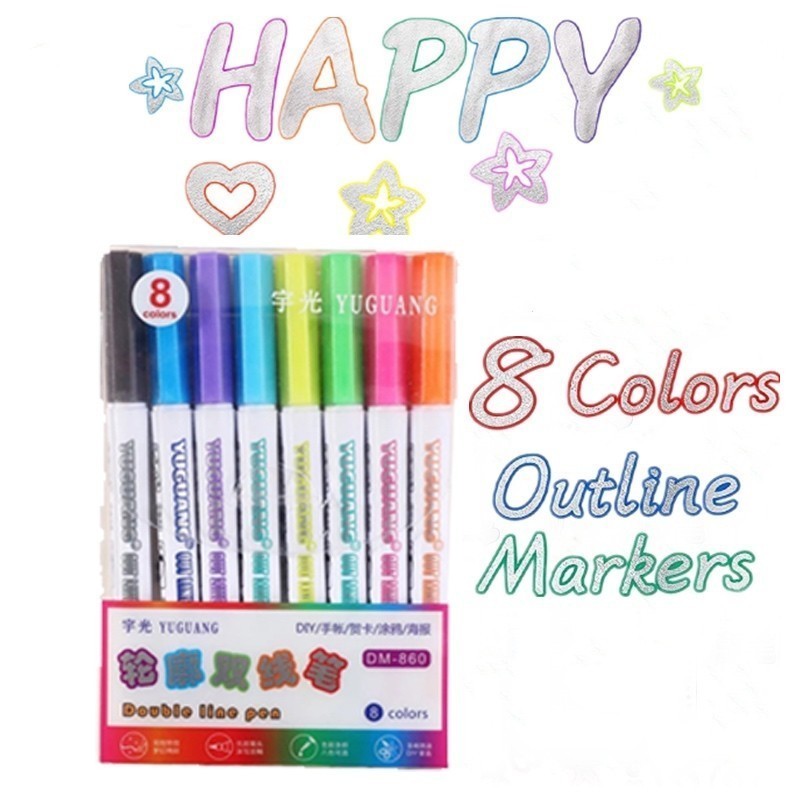 8pc Outline Markers Metallic Glitter Double Line Pen Highlighter