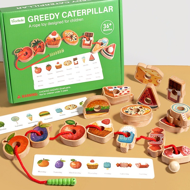 Greedy Caterpillar Lacing Bead Game Montessori Wooden Toy