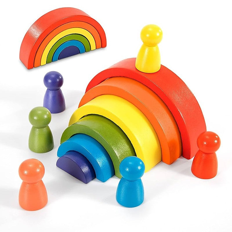 Rainbow Puzzle Building Blocks 6pc Peg Dolls Wooden Toy