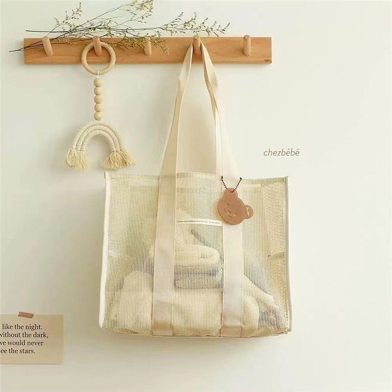 Beige Mesh Shoulder Tote Bag