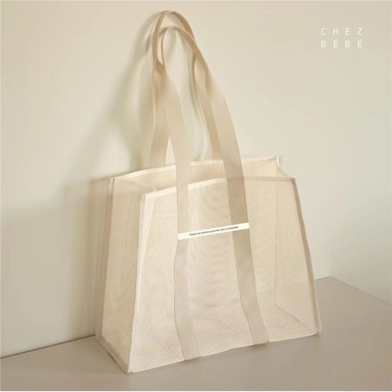 Beige Mesh Shoulder Tote Bag