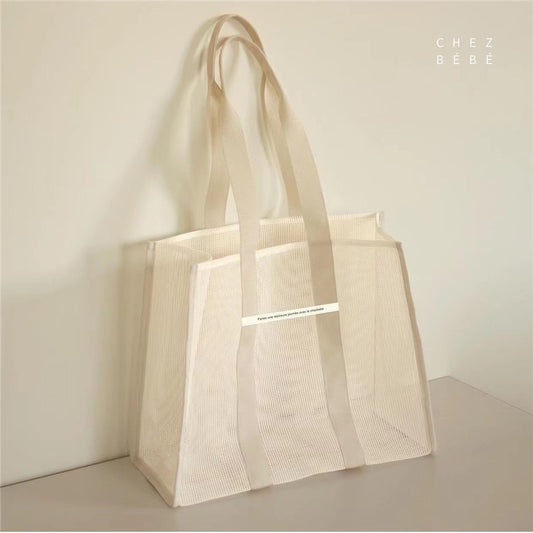 Beige Mesh Shoulder Tote Bag