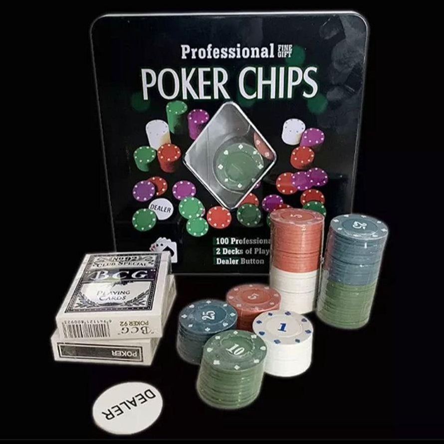 Poker Chips Metal Tin Box with 2 Cards Deck