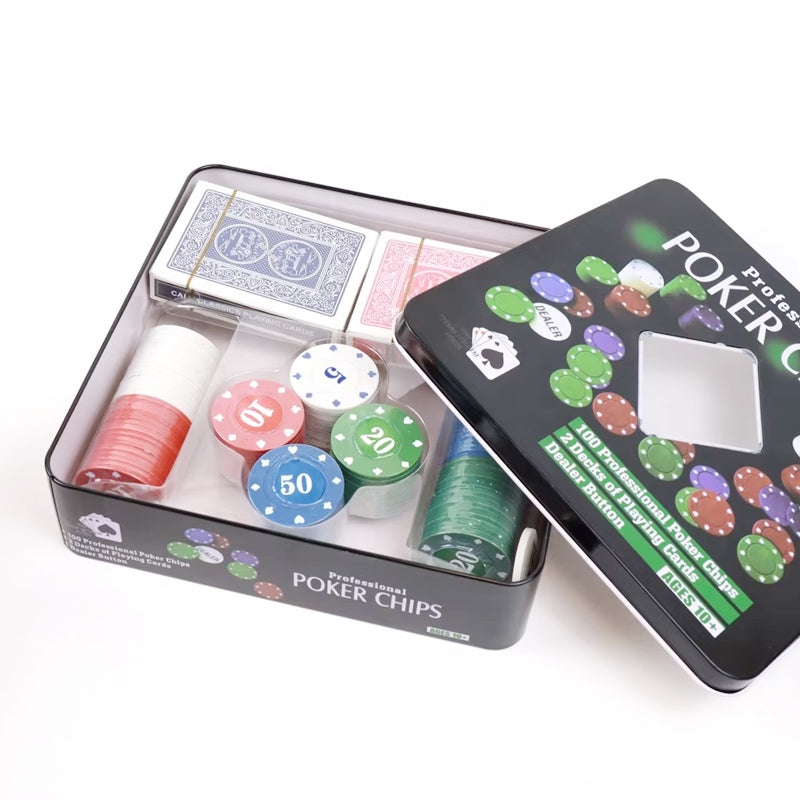 Poker Chips Metal Tin Box with 2 Cards Deck