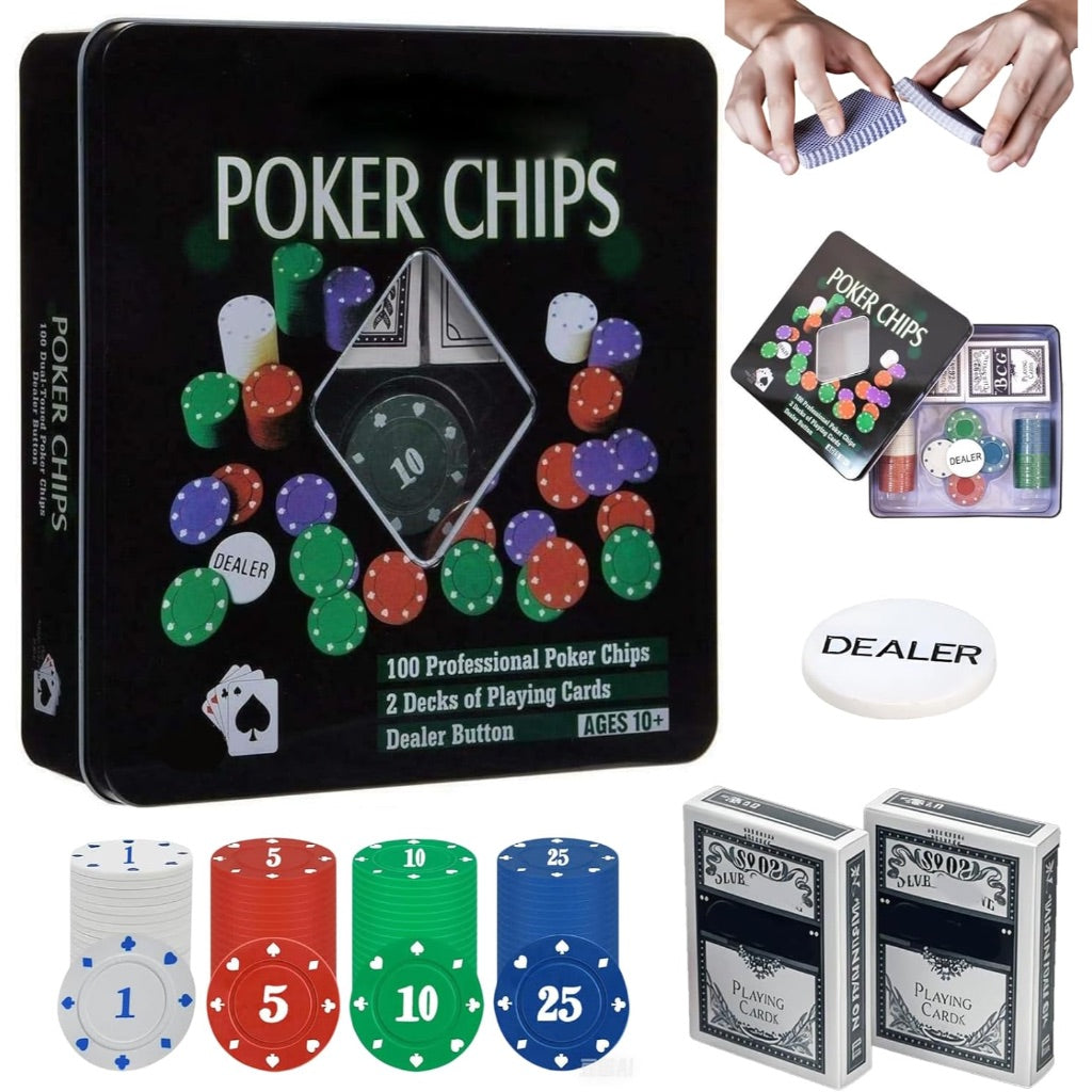 Poker Chips Metal Tin Box with 2 Cards Deck