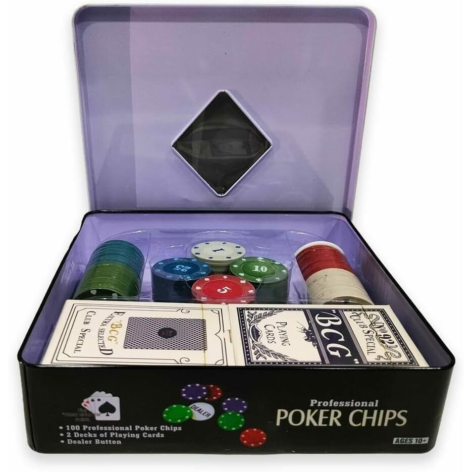 Poker Chips Metal Tin Box with 2 Cards Deck