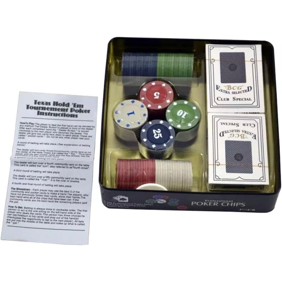 Poker Chips Metal Tin Box with 2 Cards Deck