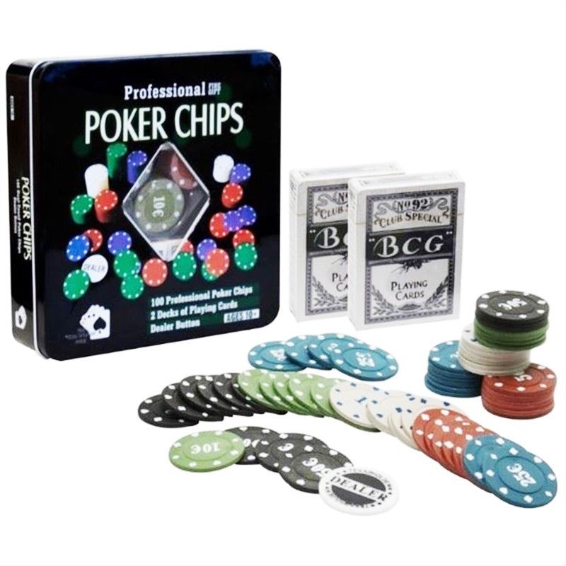Poker Chips Metal Tin Box with 2 Cards Deck
