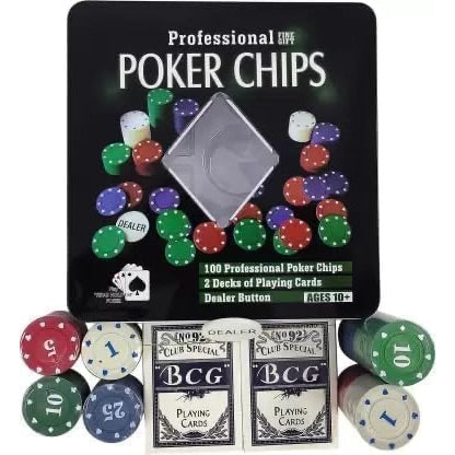 Poker Chips Metal Tin Box with 2 Cards Deck