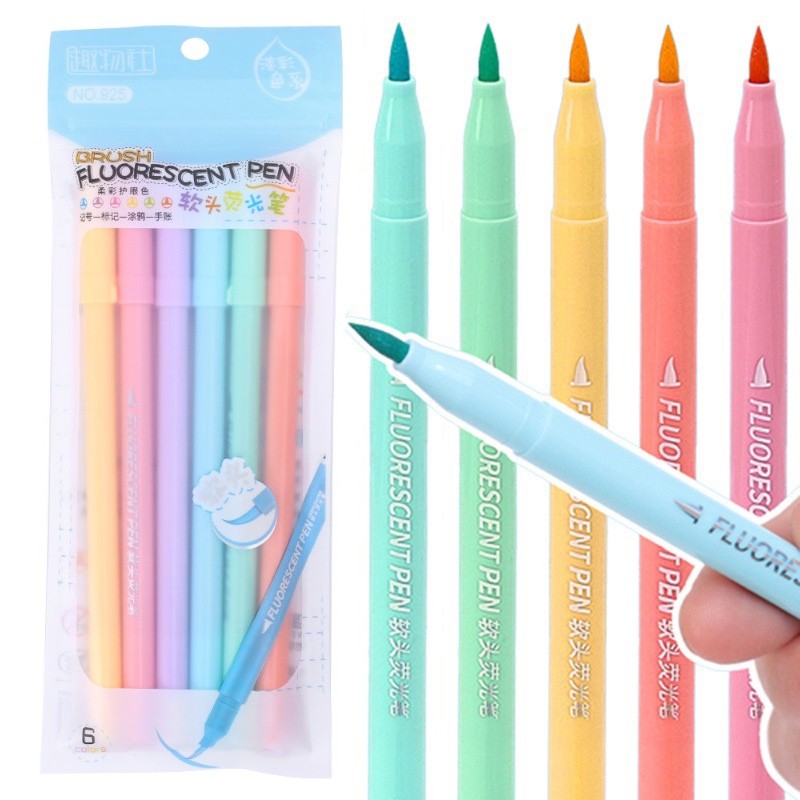 6pc Candy Pastel Brush Pens Marker Highlighter Journal Drawing School Stationery