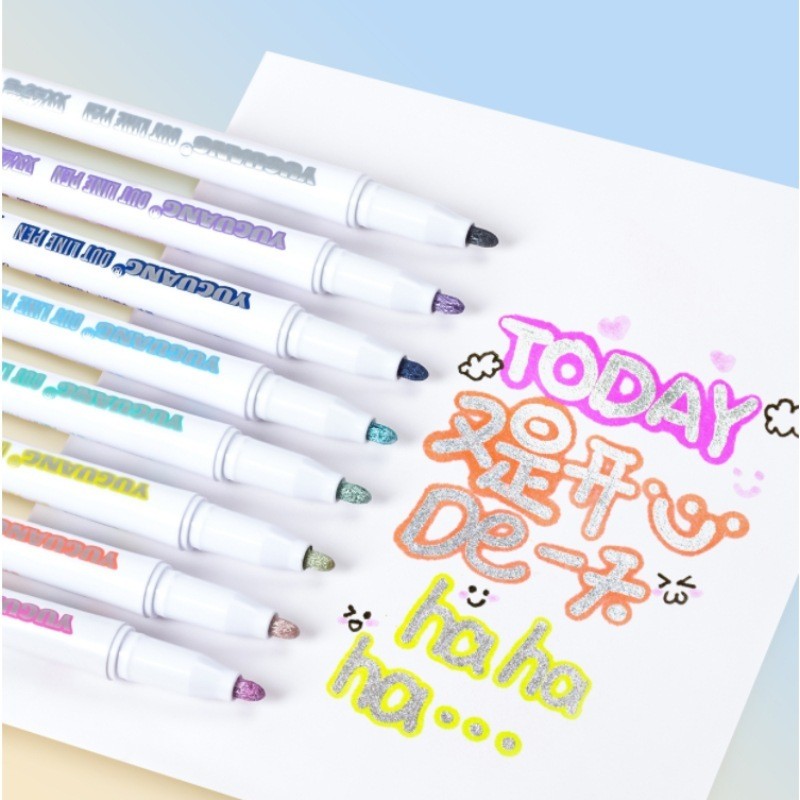 8pc Outline Markers Metallic Glitter Double Line Pen Highlighter