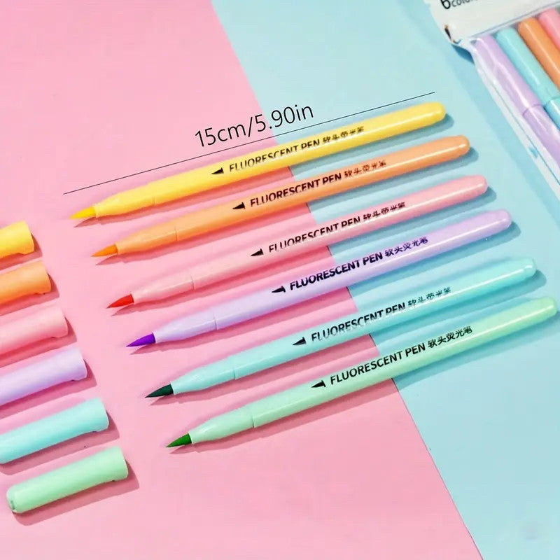 6pc Candy Pastel Brush Pens Marker Highlighter Journal Drawing School Stationery