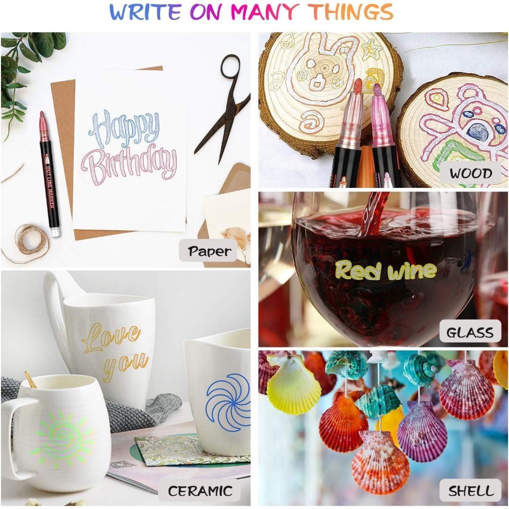 8pc Outline Markers Metallic Glitter Double Line Pen Highlighter