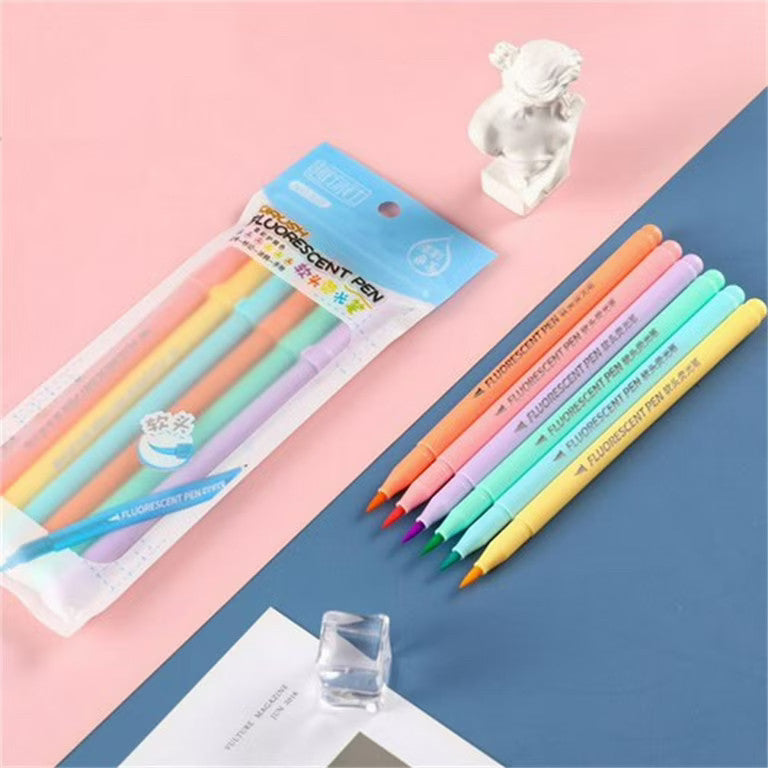 6pc Candy Pastel Brush Pens Marker Highlighter Journal Drawing School Stationery