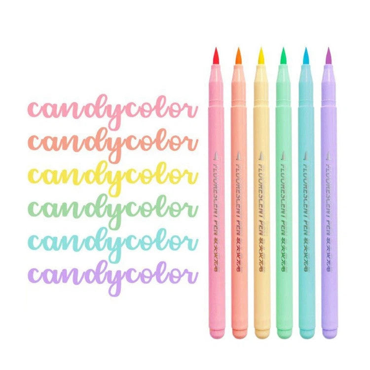 6pc Candy Pastel Brush Pens Marker Highlighter Journal Drawing School Stationery