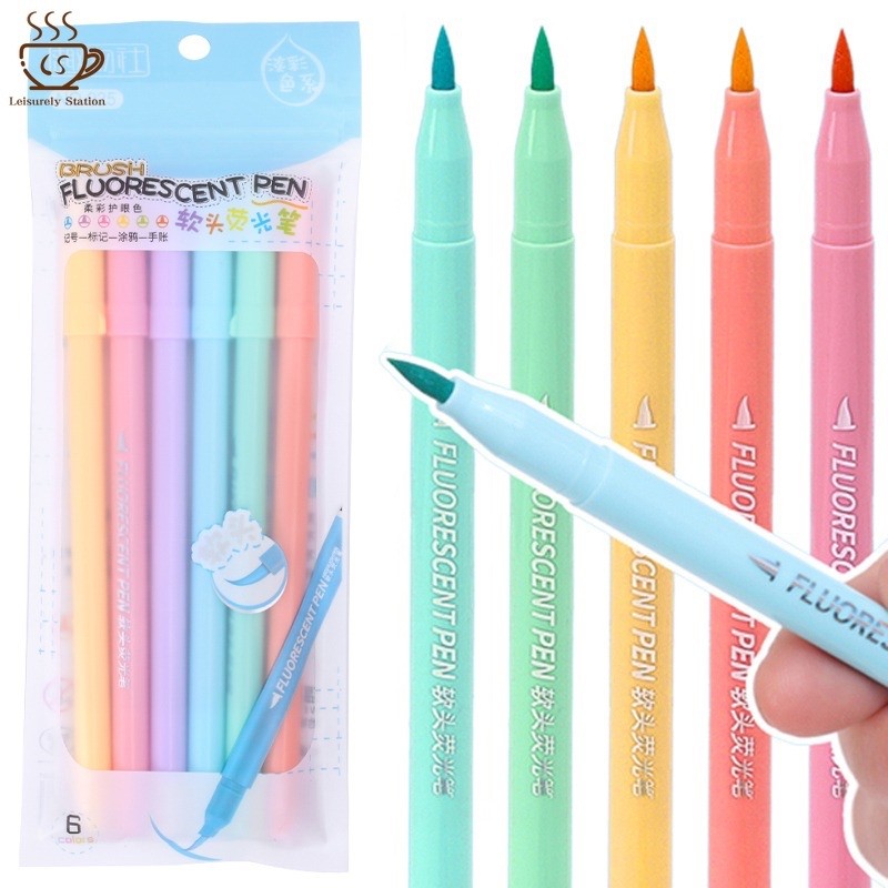 6pc Candy Pastel Brush Pens Marker Highlighter Journal Drawing School Stationery