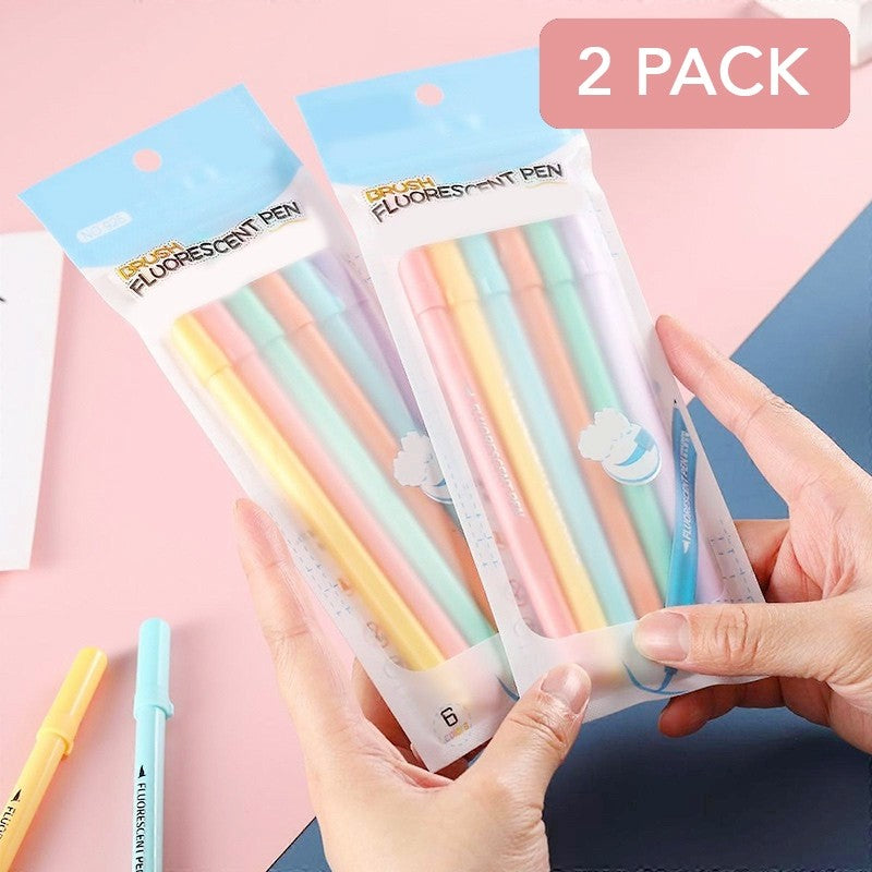 6pc Candy Pastel Brush Pens Marker Highlighter Journal Drawing School Stationery