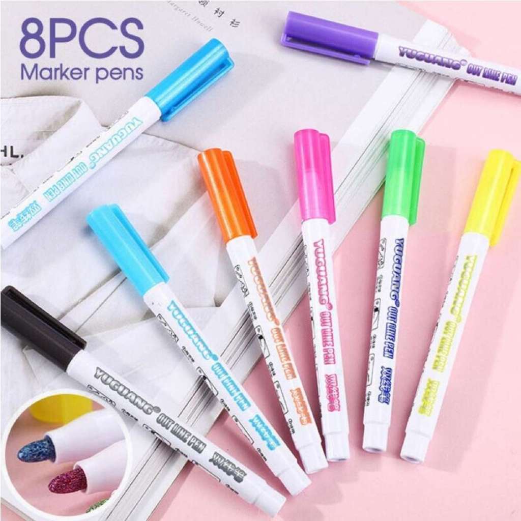 8pc Outline Markers Metallic Glitter Double Line Pen Highlighter