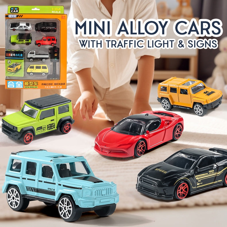 6pc Toys Cars with Traffic Lights Road Safety Signs