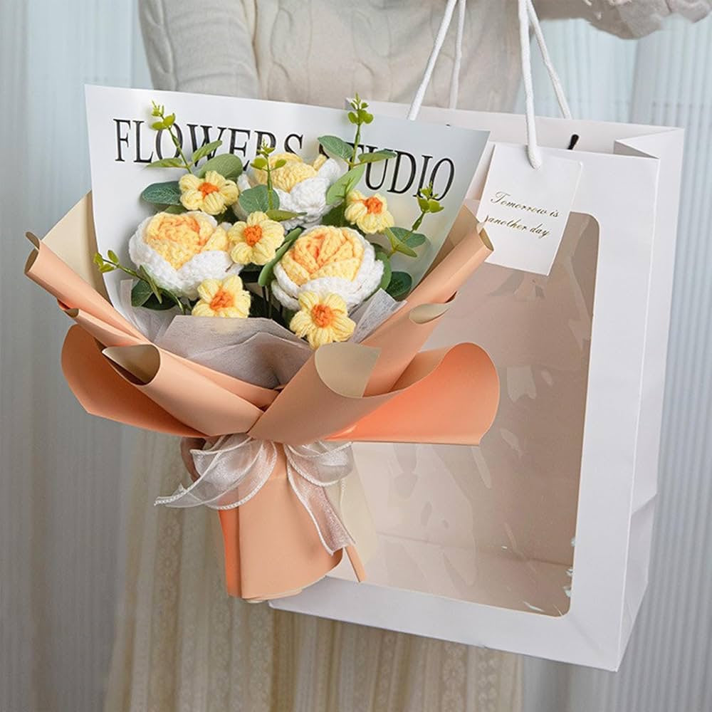 Crochet Rose Daisy Flowers Hand Bouquet