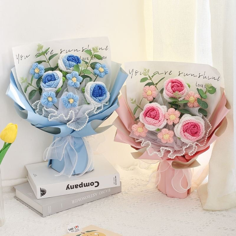 Crochet Rose Daisy Flowers Hand Bouquet