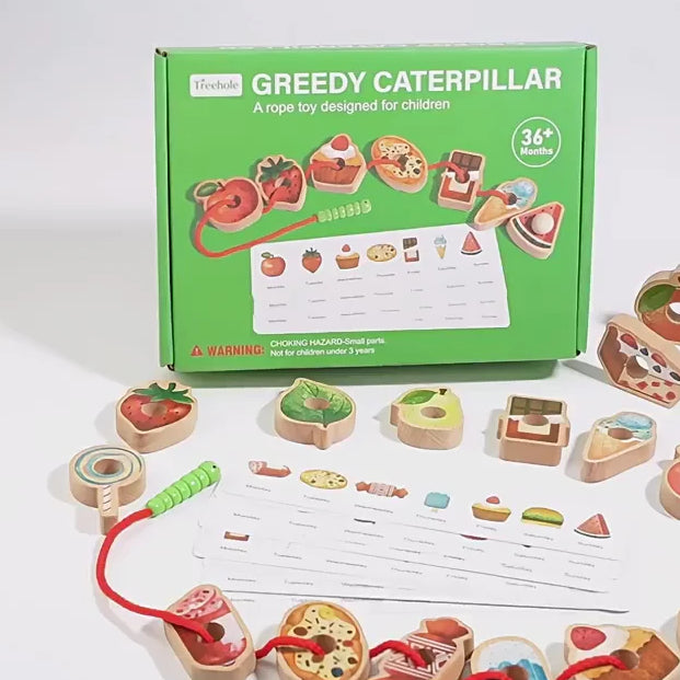 Greedy Caterpillar Lacing Bead Game Montessori Wooden Toy