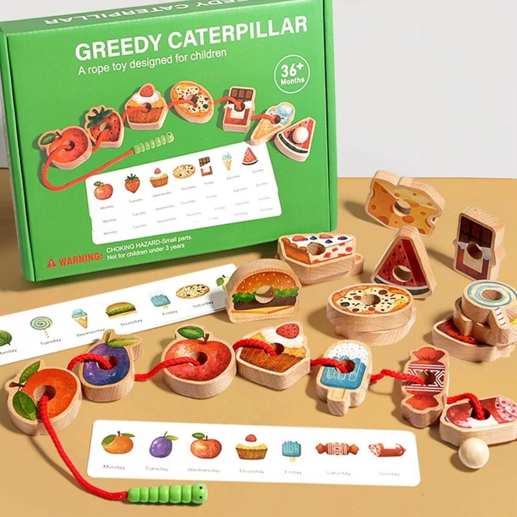 Greedy Caterpillar Lacing Bead Game Montessori Wooden Toy