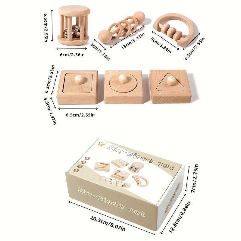 6pc Natural Wooden Musical Teething Rattles Toys