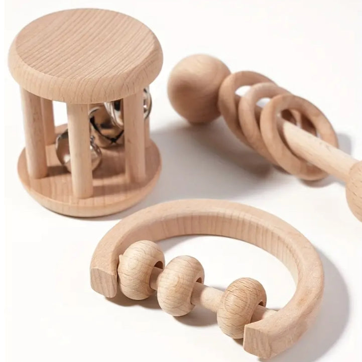 6pc Natural Wooden Musical Teething Rattles Toys