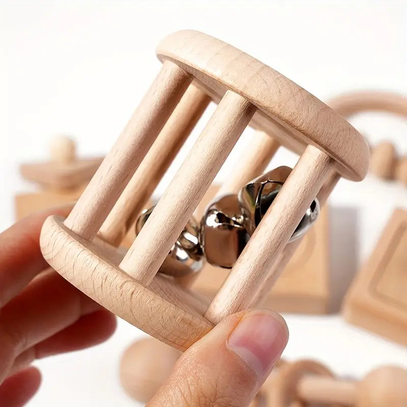 6pc Natural Wooden Musical Teething Rattles Toys