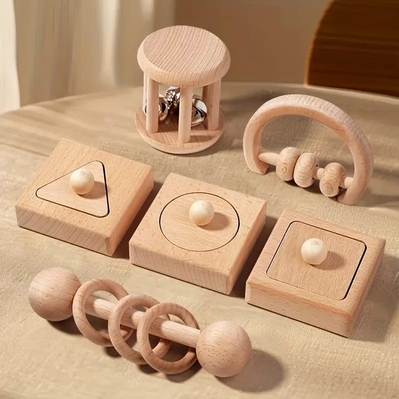 6pc Natural Wooden Musical Teething Rattles Toys