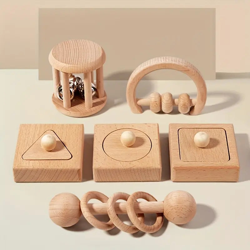 6pc Natural Wooden Musical Teething Rattles Toys