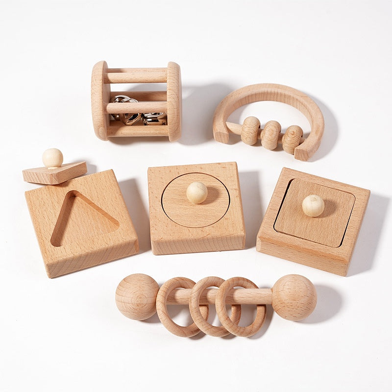 6pc Natural Wooden Musical Teething Rattles Toys
