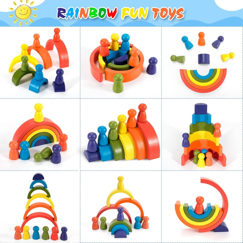 Rainbow Puzzle Building Blocks 6pc Peg Dolls Wooden Toy