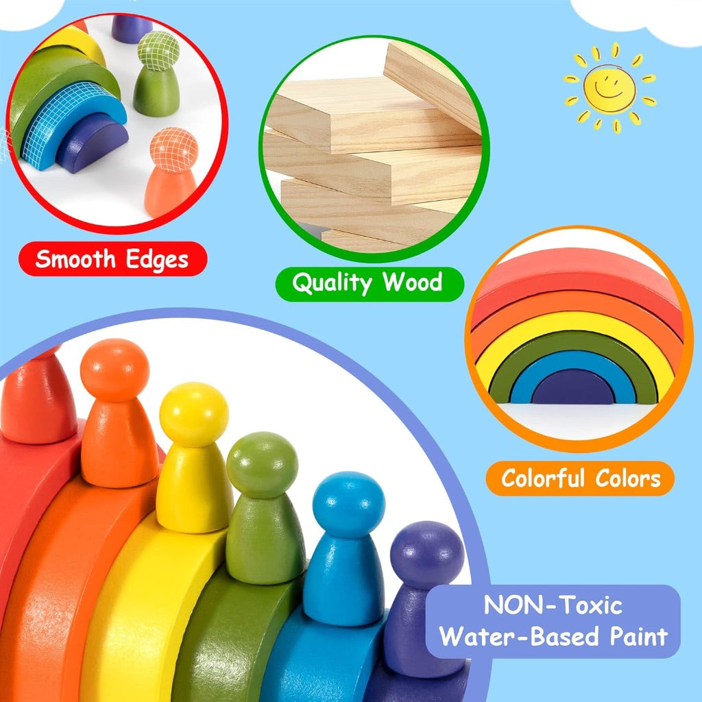 Rainbow Puzzle Building Blocks 6pc Peg Dolls Wooden Toy