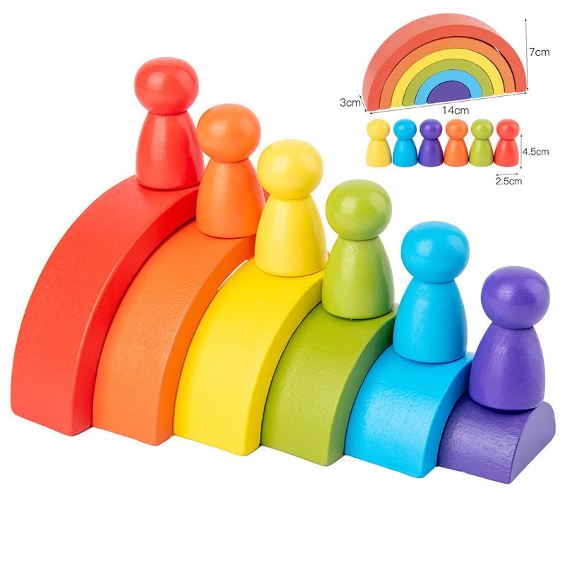 Rainbow Puzzle Building Blocks 6pc Peg Dolls Wooden Toy