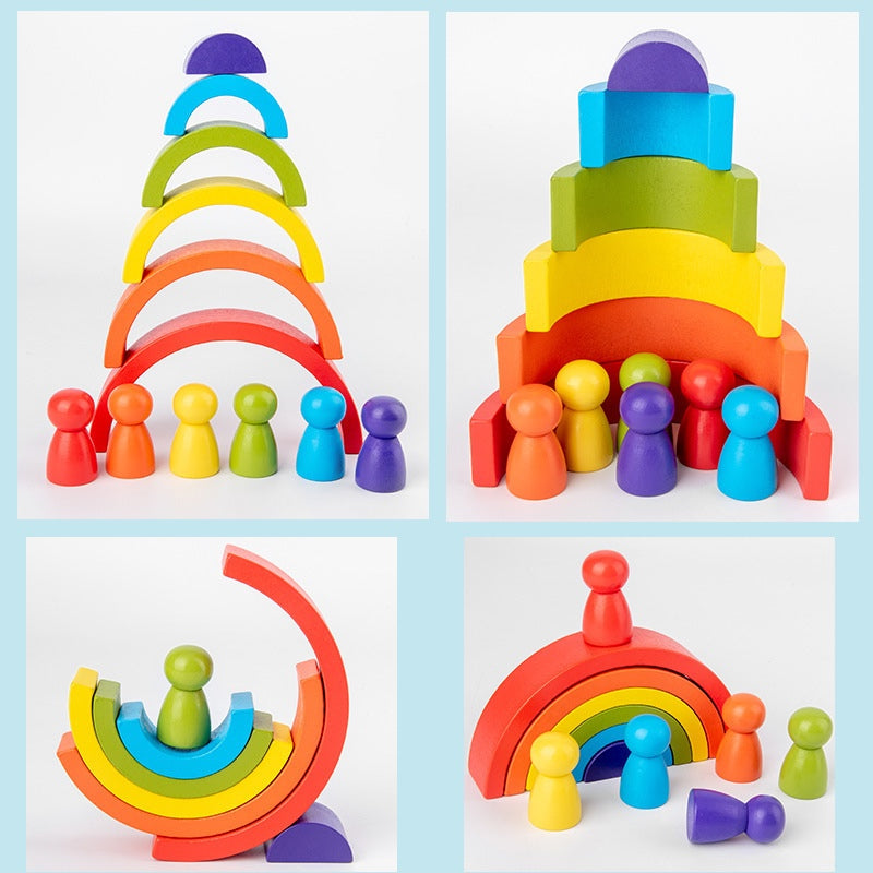 Rainbow Puzzle Building Blocks 6pc Peg Dolls Wooden Toy