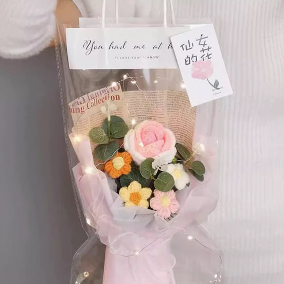 Knitted Crochet Flower Bouquet Gift with Tote Bag