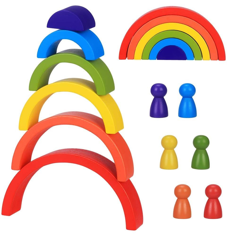 Rainbow Puzzle Building Blocks 6pc Peg Dolls Wooden Toy